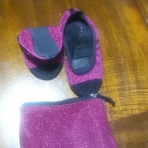 Sidekick. Pink and black glitter ballet flats.